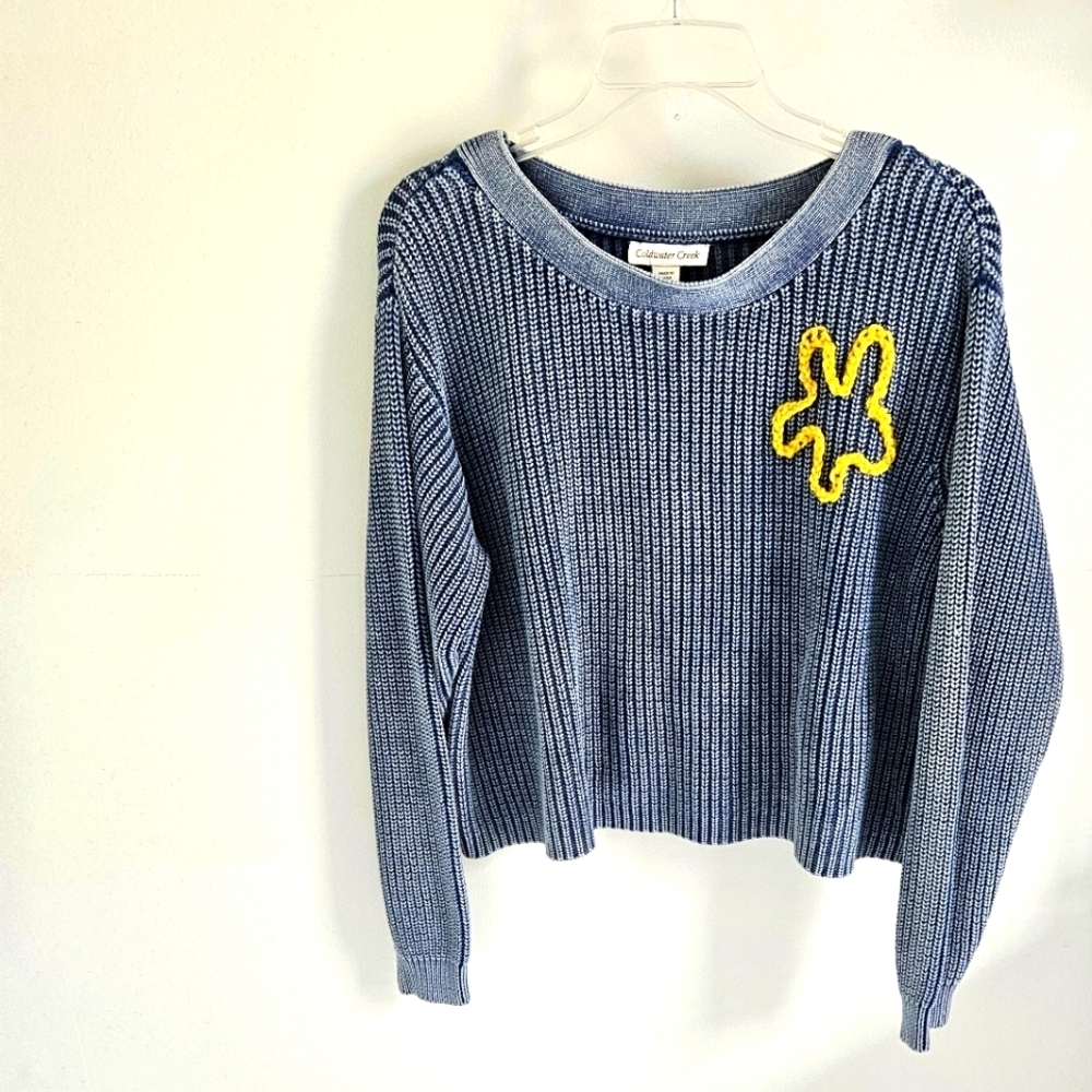 Coldwater Creek blue crop ribbed sweater embellished